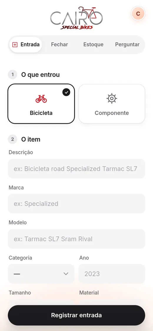 Tela de entrada de uma bicicleta (dados fictícios)
