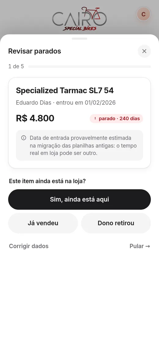 Revisão dos itens parados (dados fictícios)